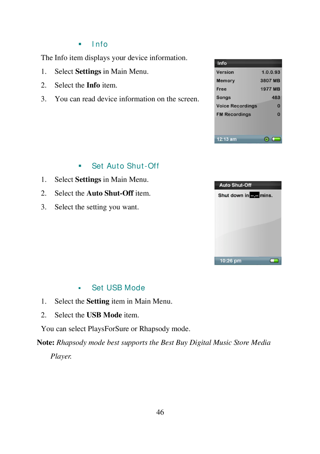 SanDisk E200R manual Info, Set Auto Shut-Off, Set USB Mode 