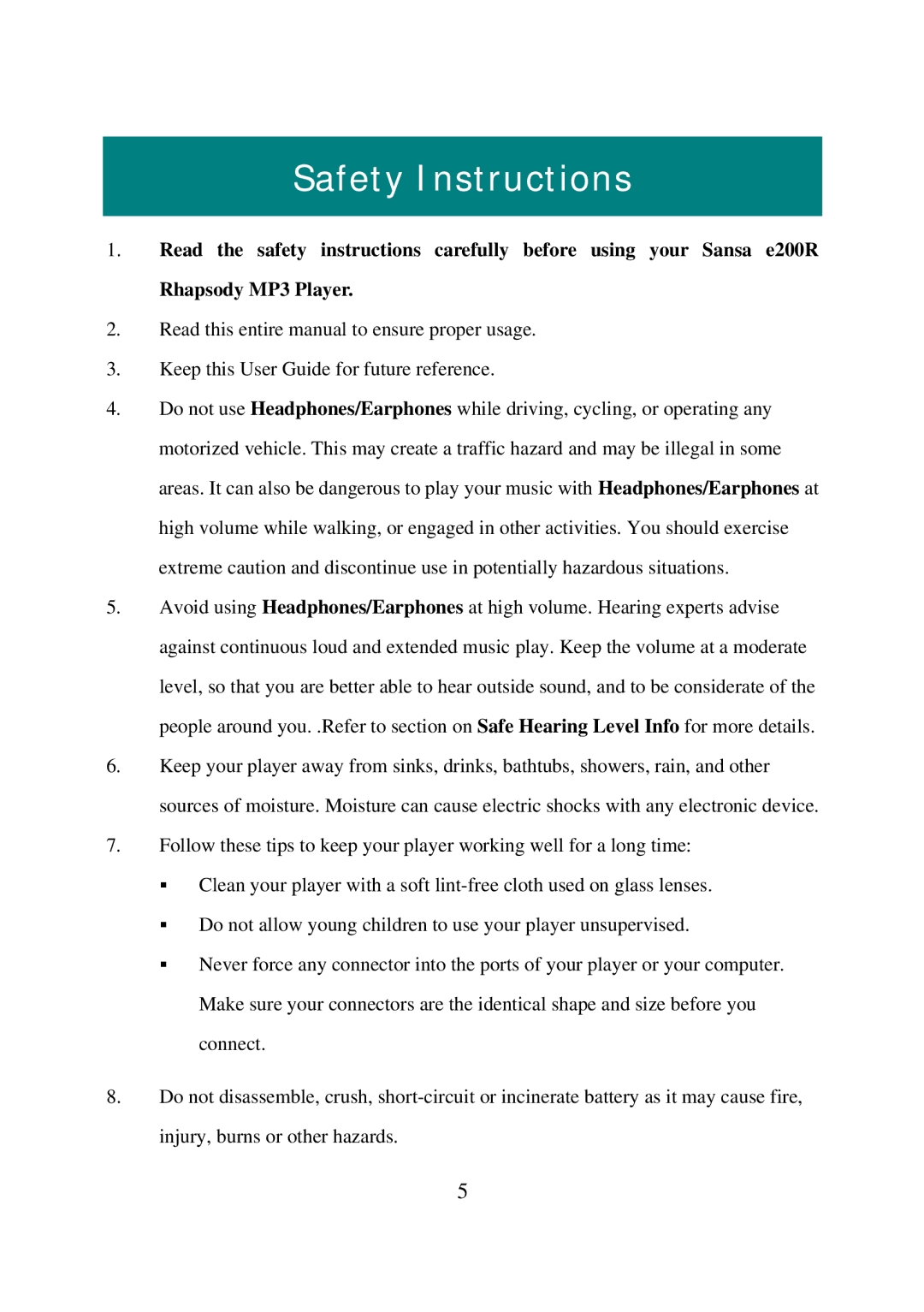 SanDisk E200R manual Safety Instructions 