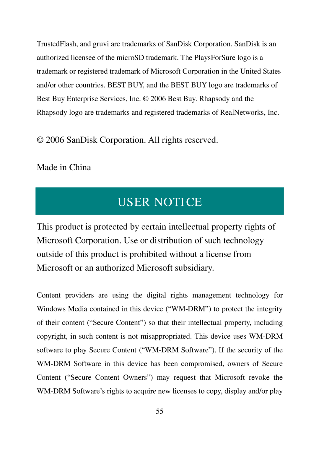 SanDisk E200R manual User Notice 