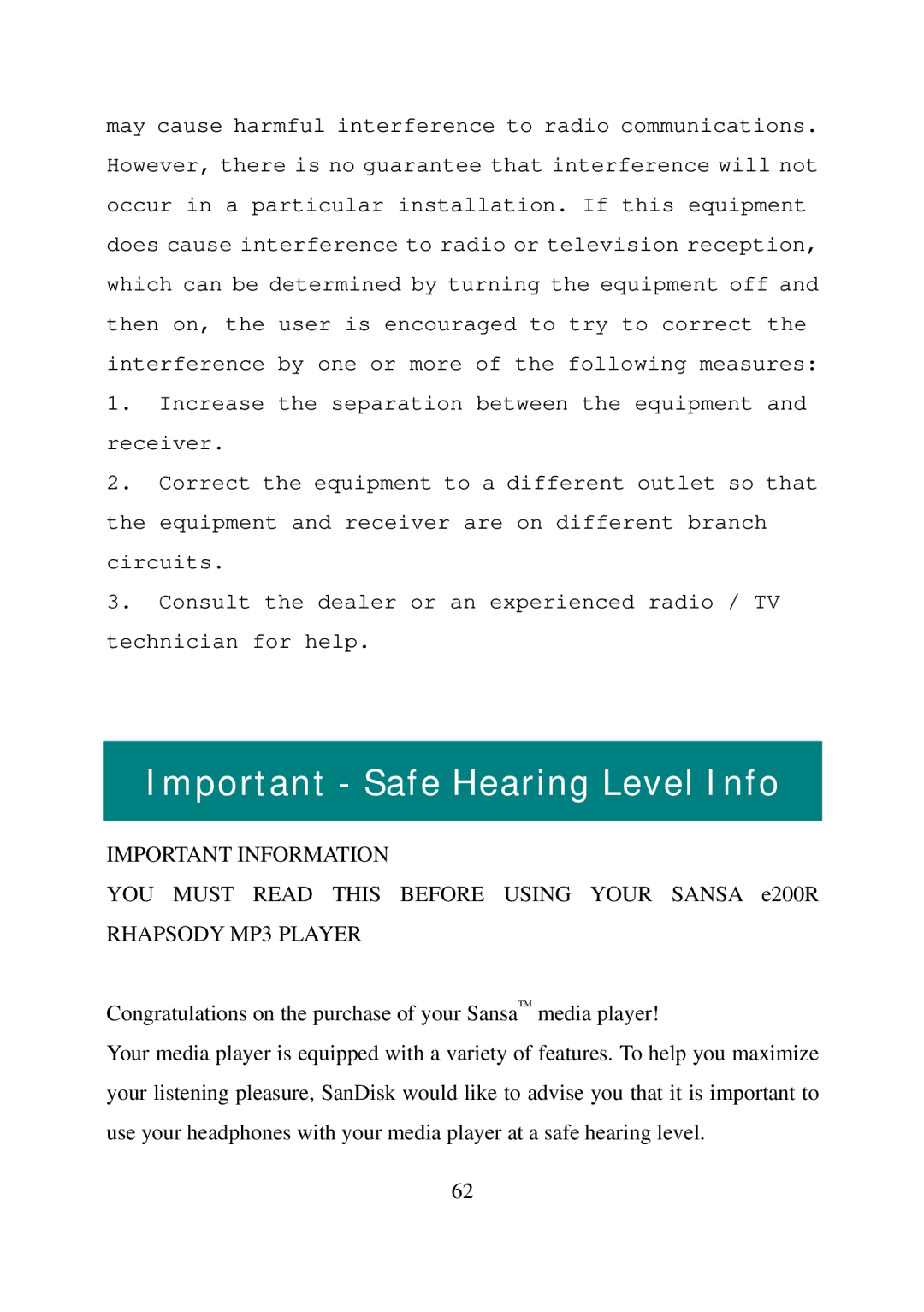 SanDisk E200R manual Important Safe Hearing Level Info, Rhapsody MP3 Player 