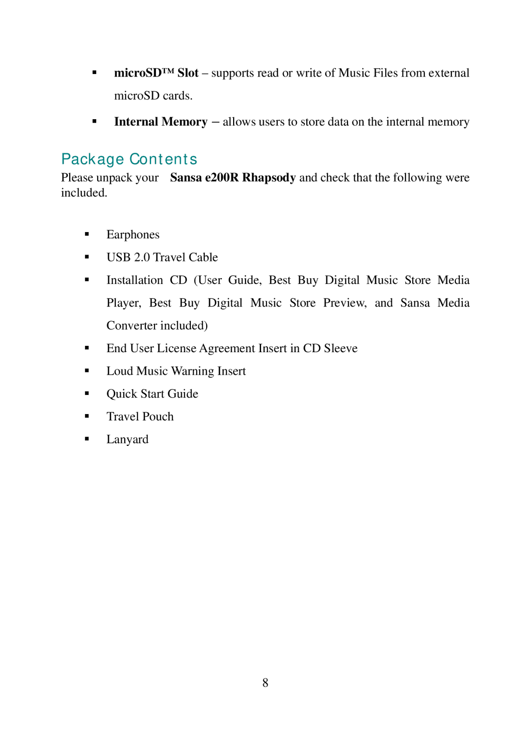 SanDisk E200R manual Package Contents 