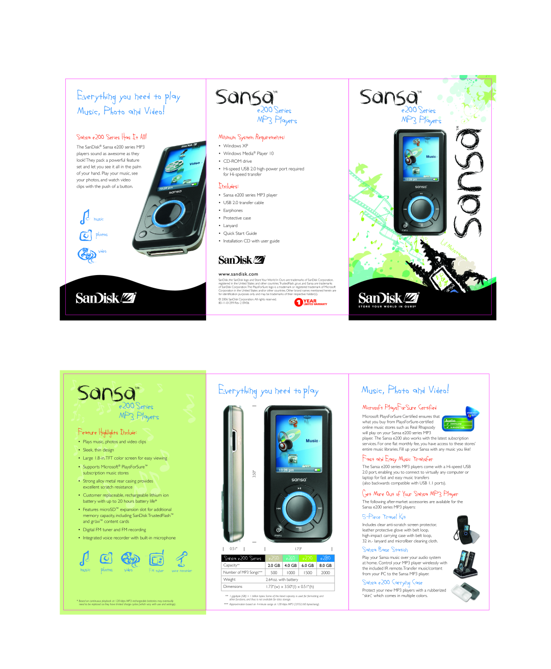 SanDisk E250 quick start Music, Photo and Video, Everything you need to play, e200 Series MP3 Players, Includes, music 