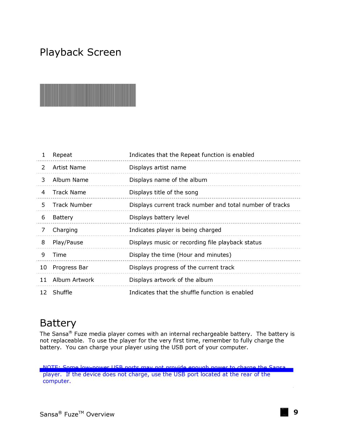 SanDisk FUZE-UM809-ENG user manual Playback Screen, Battery 