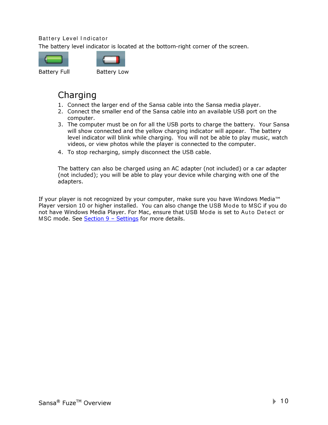 SanDisk FUZE-UM809-ENG user manual Charging, Battery Level Indicator 