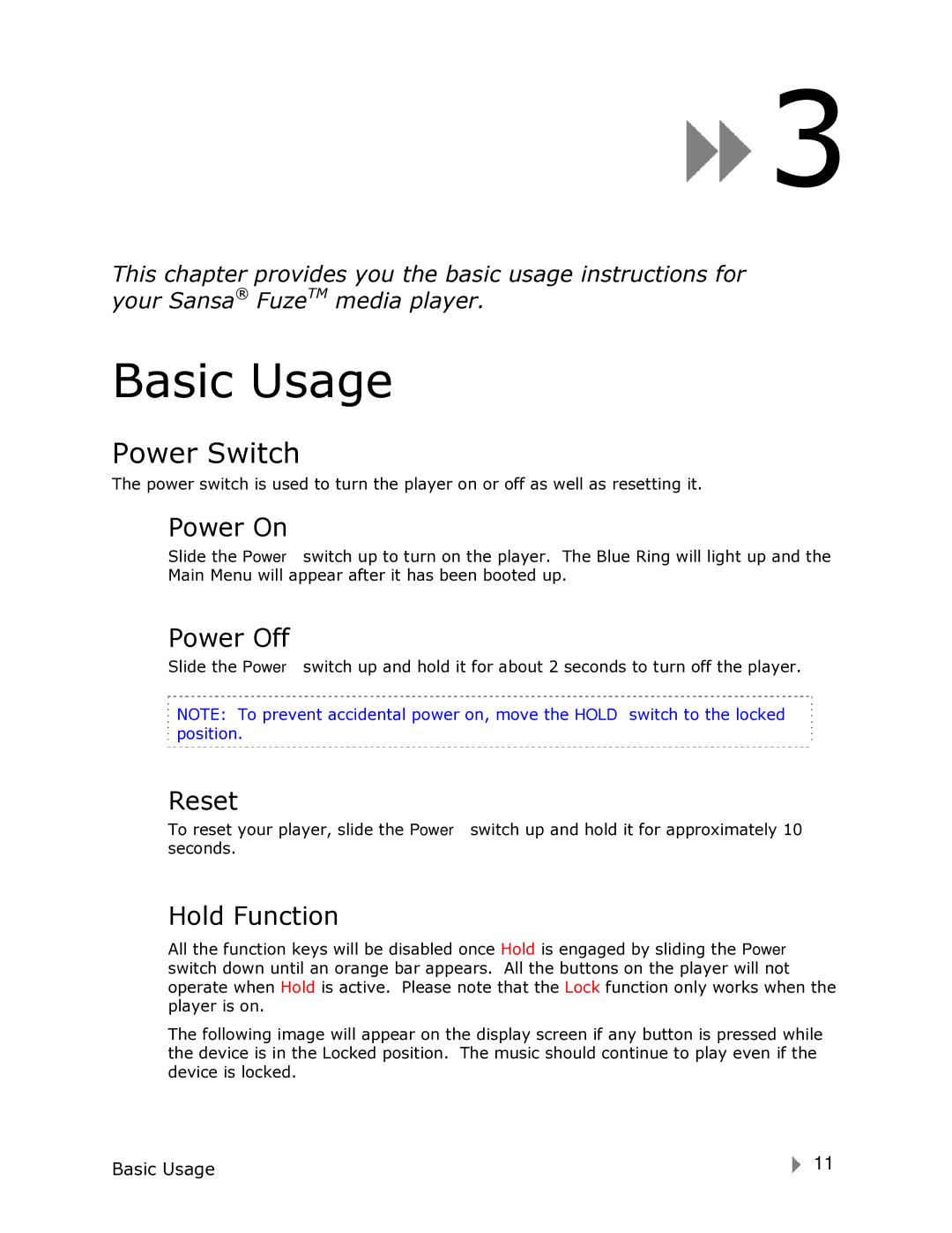 SanDisk FUZE-UM809-ENG user manual Basic Usage, Power Switch 