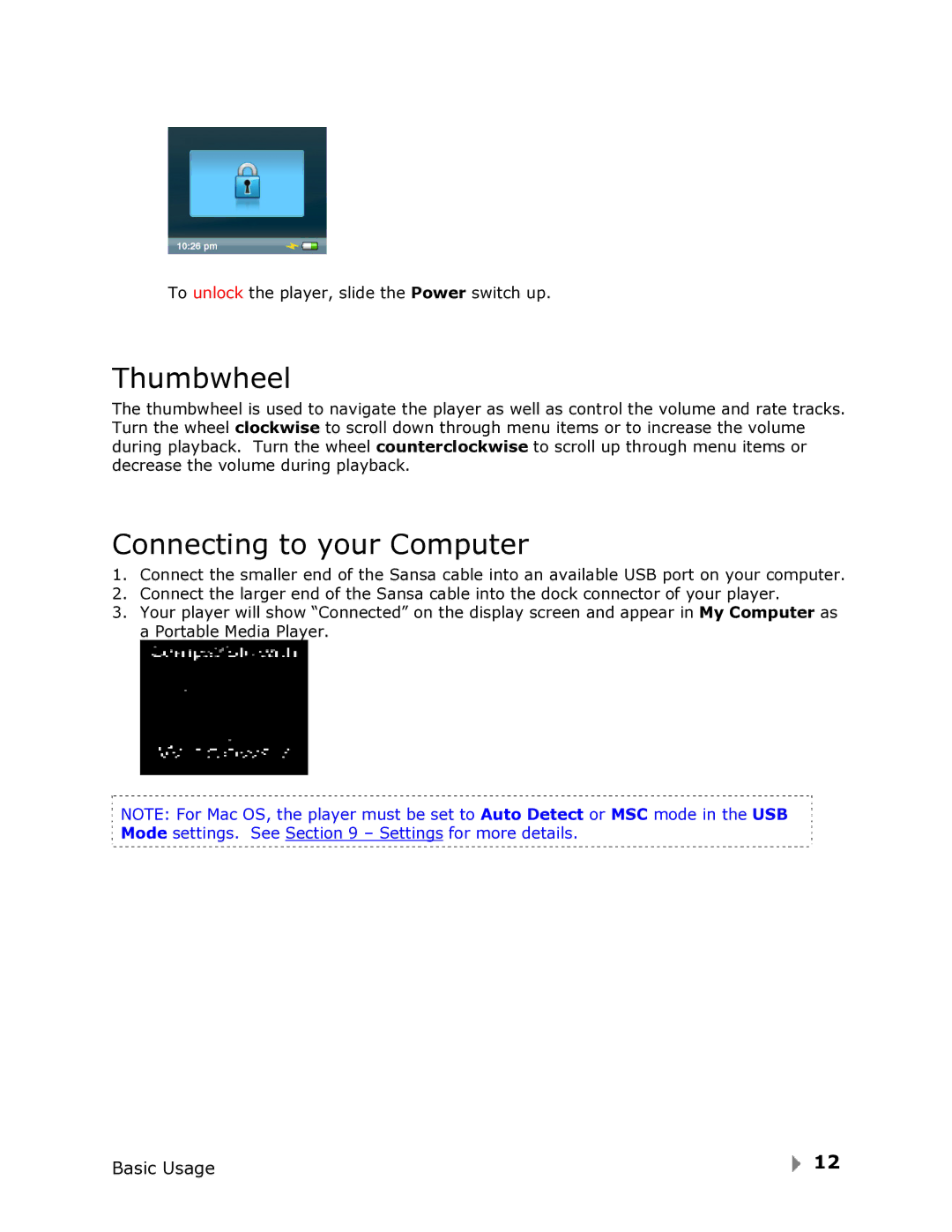 SanDisk FUZE-UM809-ENG user manual Thumbwheel, Connecting to your Computer 