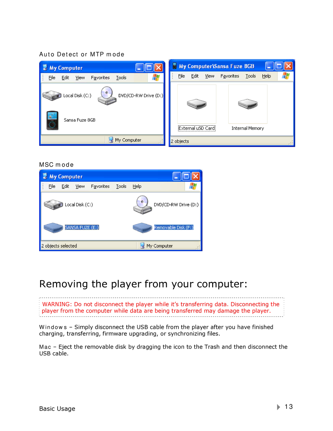 SanDisk FUZE-UM809-ENG user manual Removing the player from your computer 