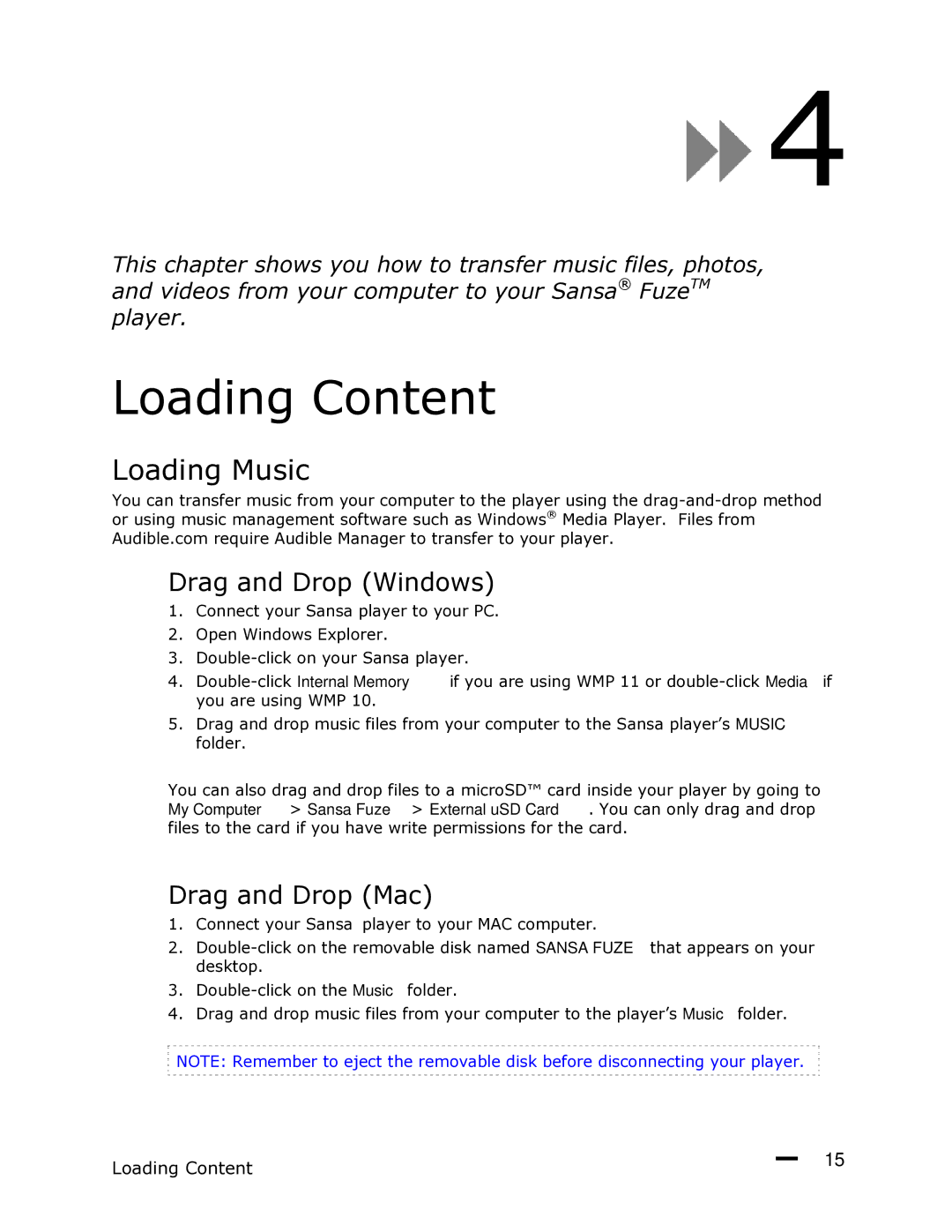 SanDisk FUZE-UM809-ENG user manual Loading Content, Loading Music, Drag and Drop Windows, Drag and Drop Mac 