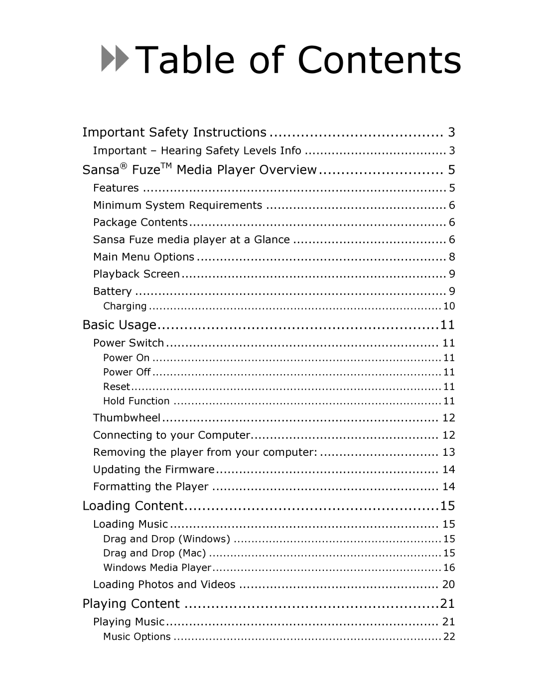 SanDisk FUZE-UM809-ENG user manual Table of Contents 