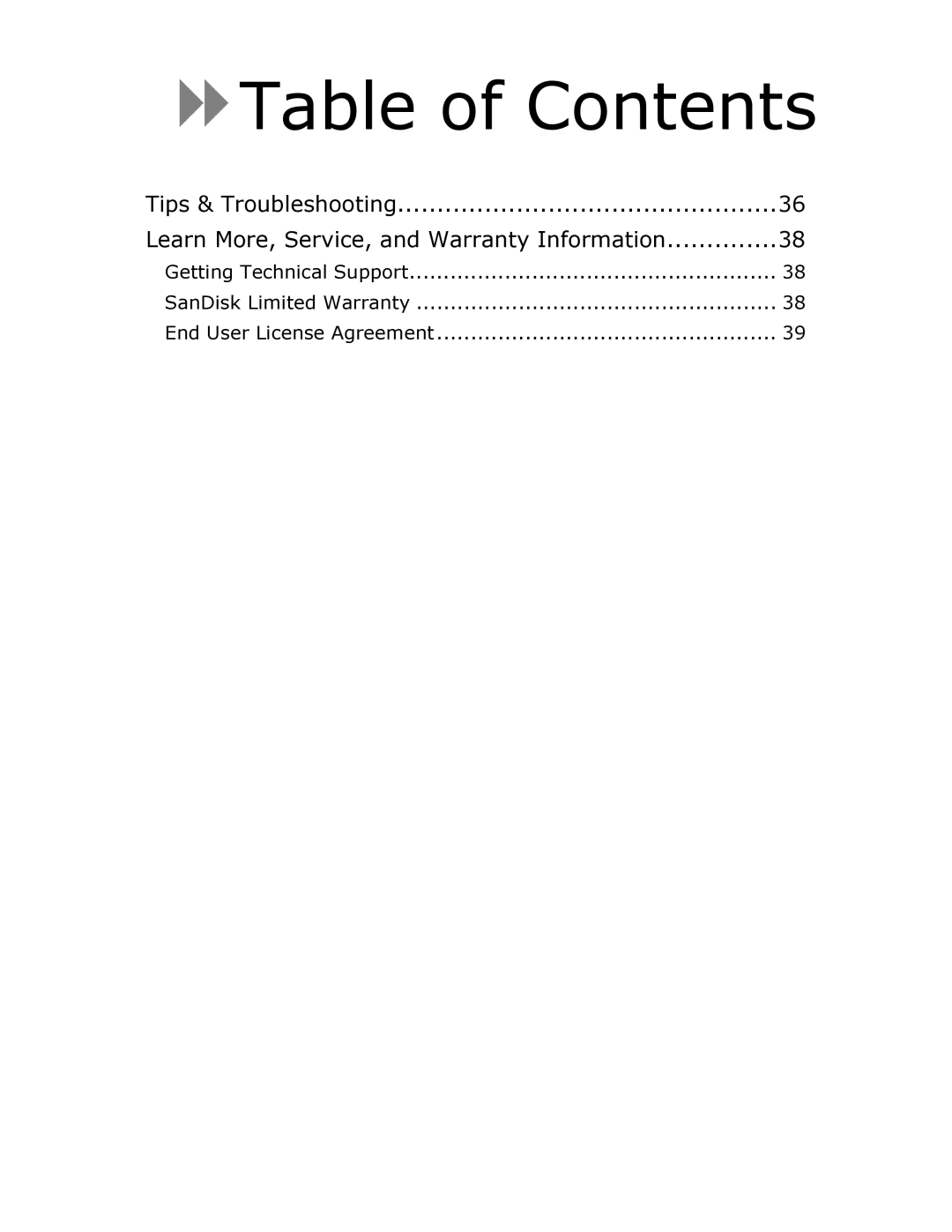 SanDisk FUZE-UM809-ENG user manual Table of Contents 