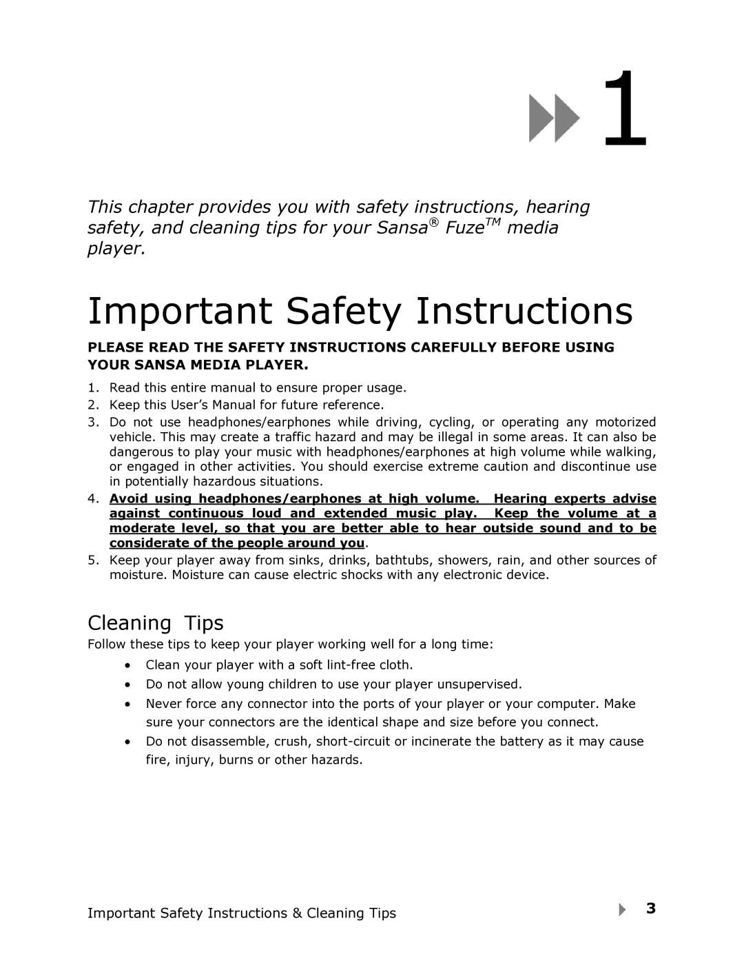 SanDisk FUZE-UM809-ENG user manual Important Safety Instructions, Cleaning Tips 