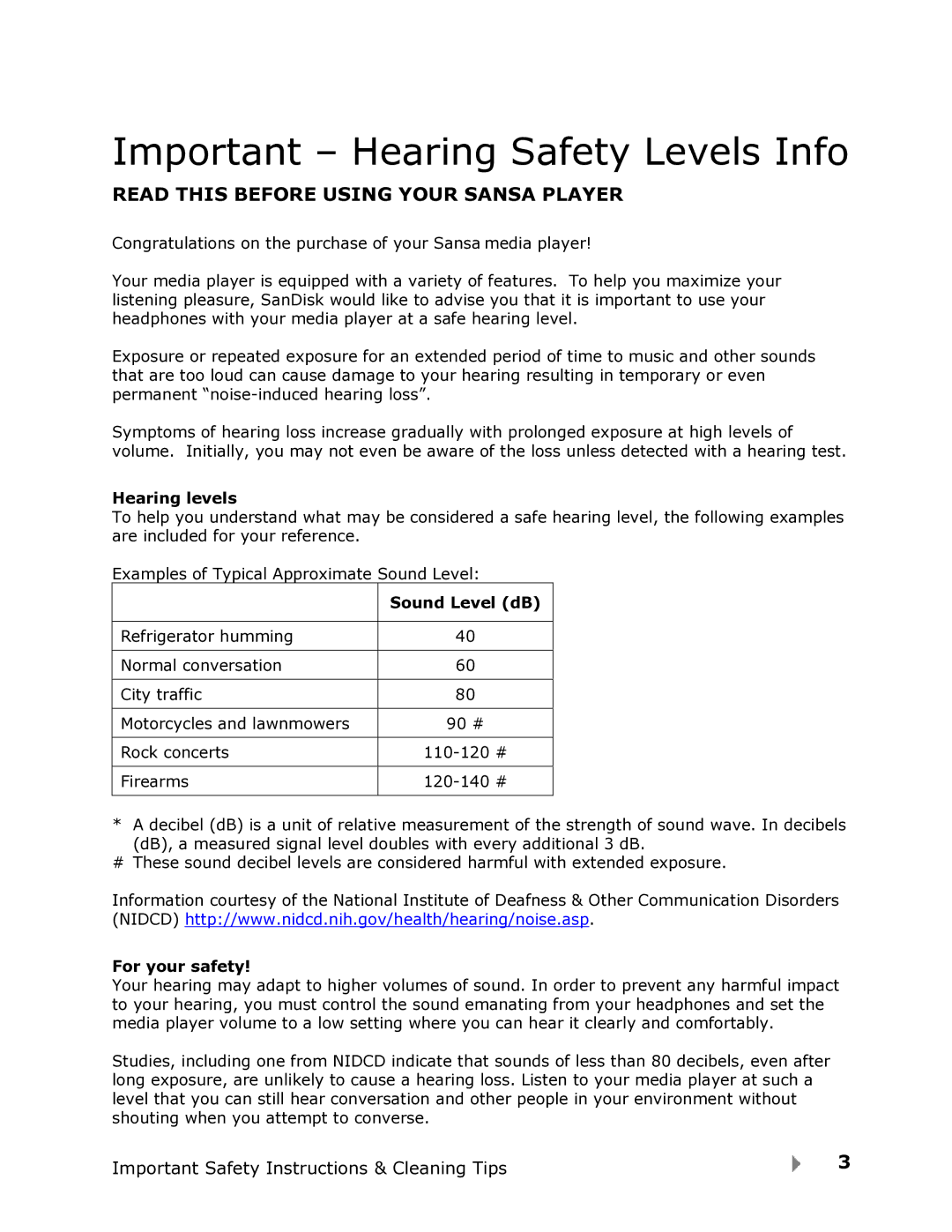 SanDisk FUZE-UM809-ENG user manual Hearing levels, Sound Level dB, For your safety 