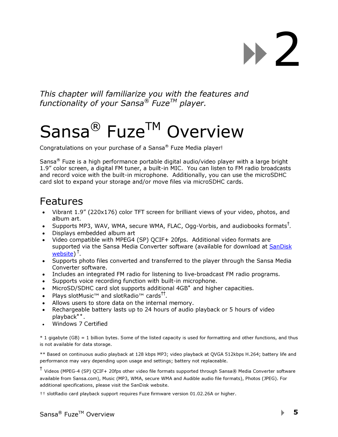 SanDisk FUZE-UM809-ENG user manual Sansa FuzeTM Overview, Features 