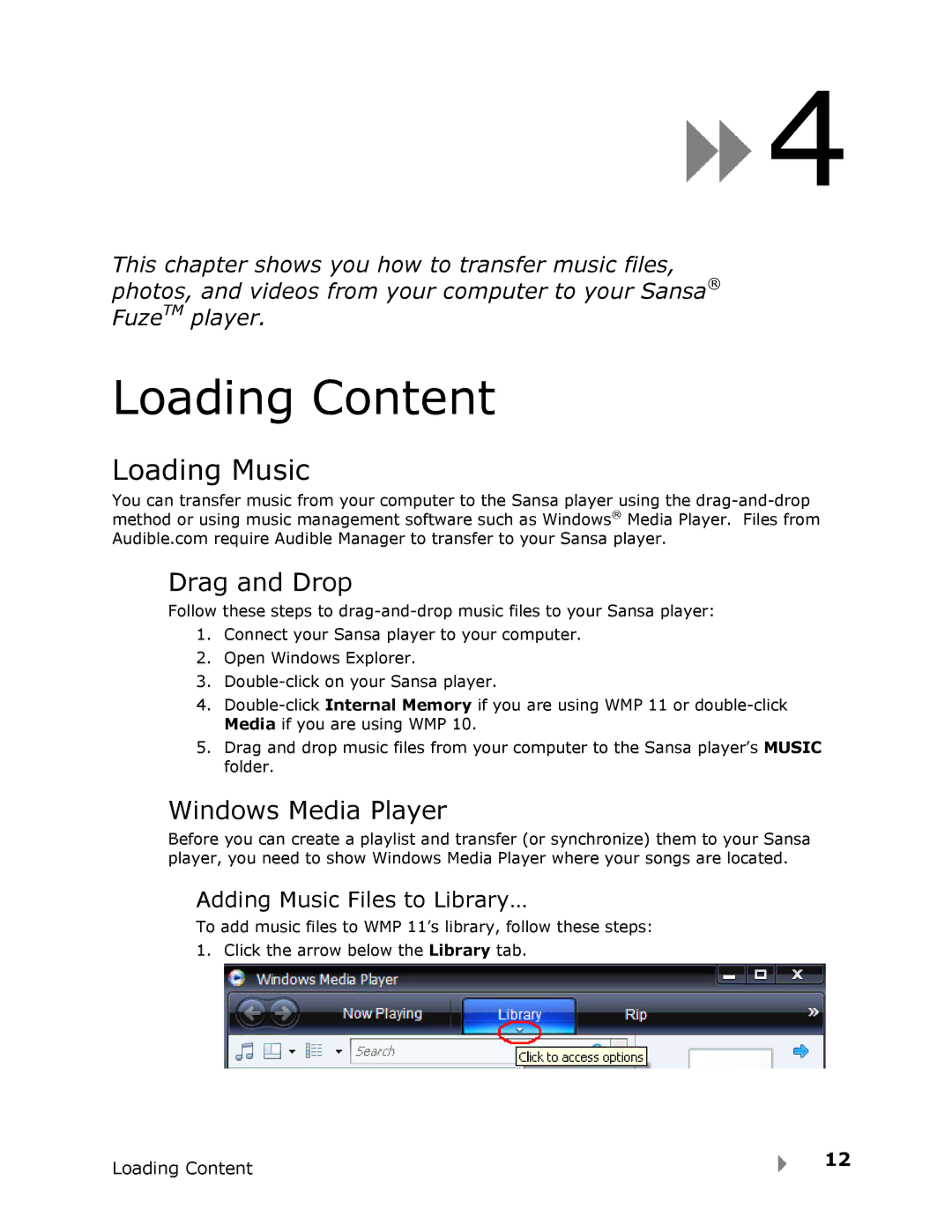 SanDisk Fuze user manual Loading Content, Loading Music, Drag and Drop, Windows Media Player 