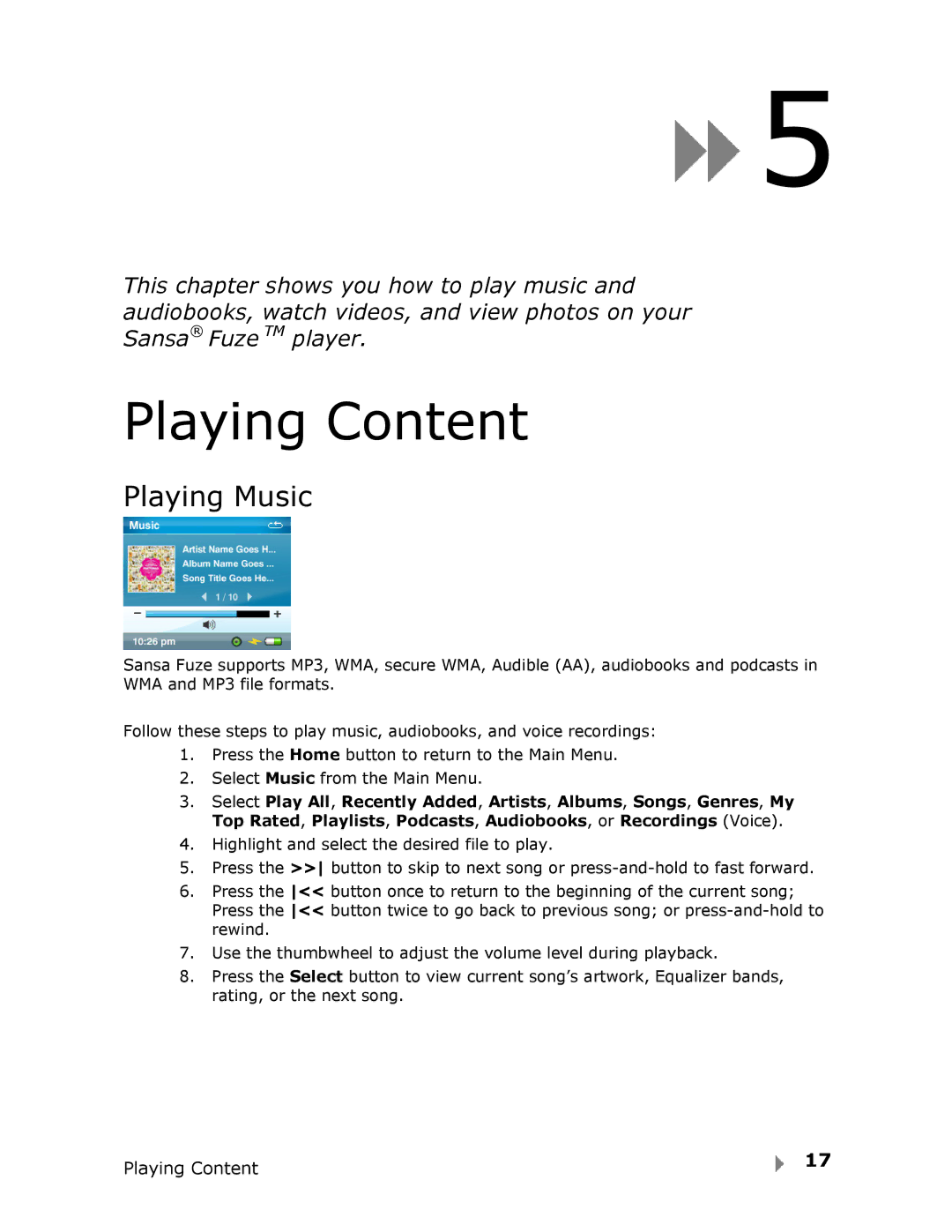 SanDisk Fuze user manual Playing Content, Playing Music 