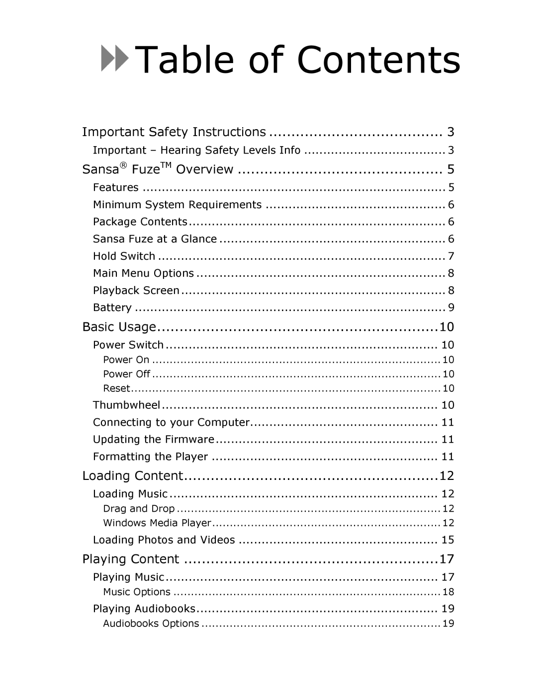 SanDisk Fuze user manual Table of Contents 