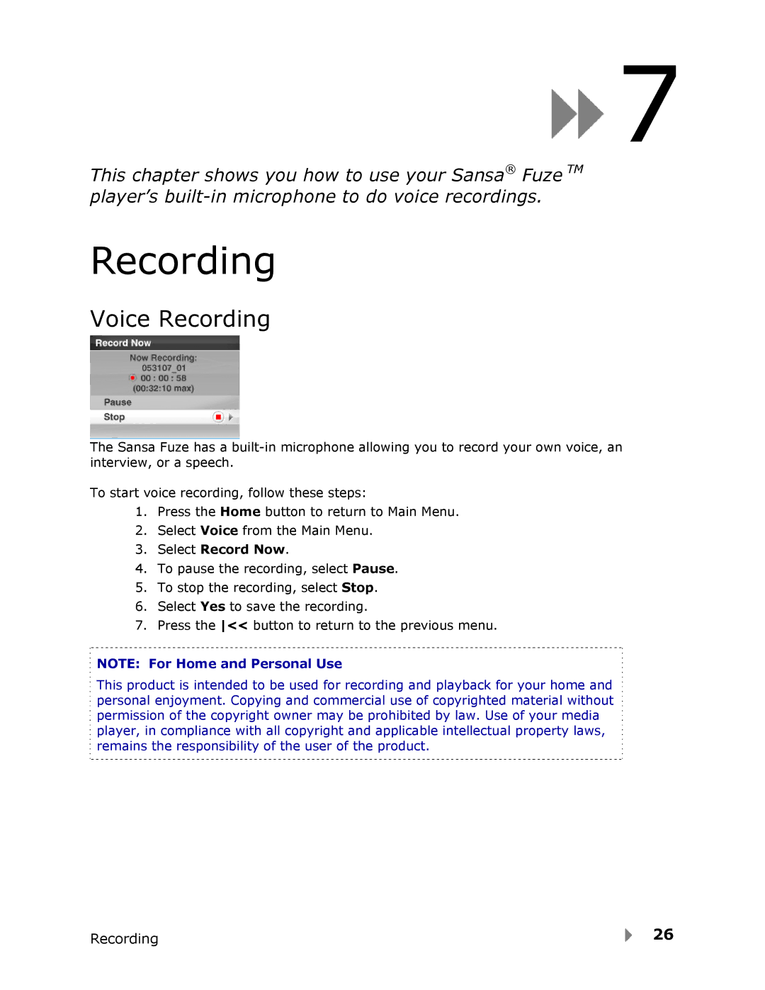 SanDisk Fuze user manual Voice Recording, Select Record Now 