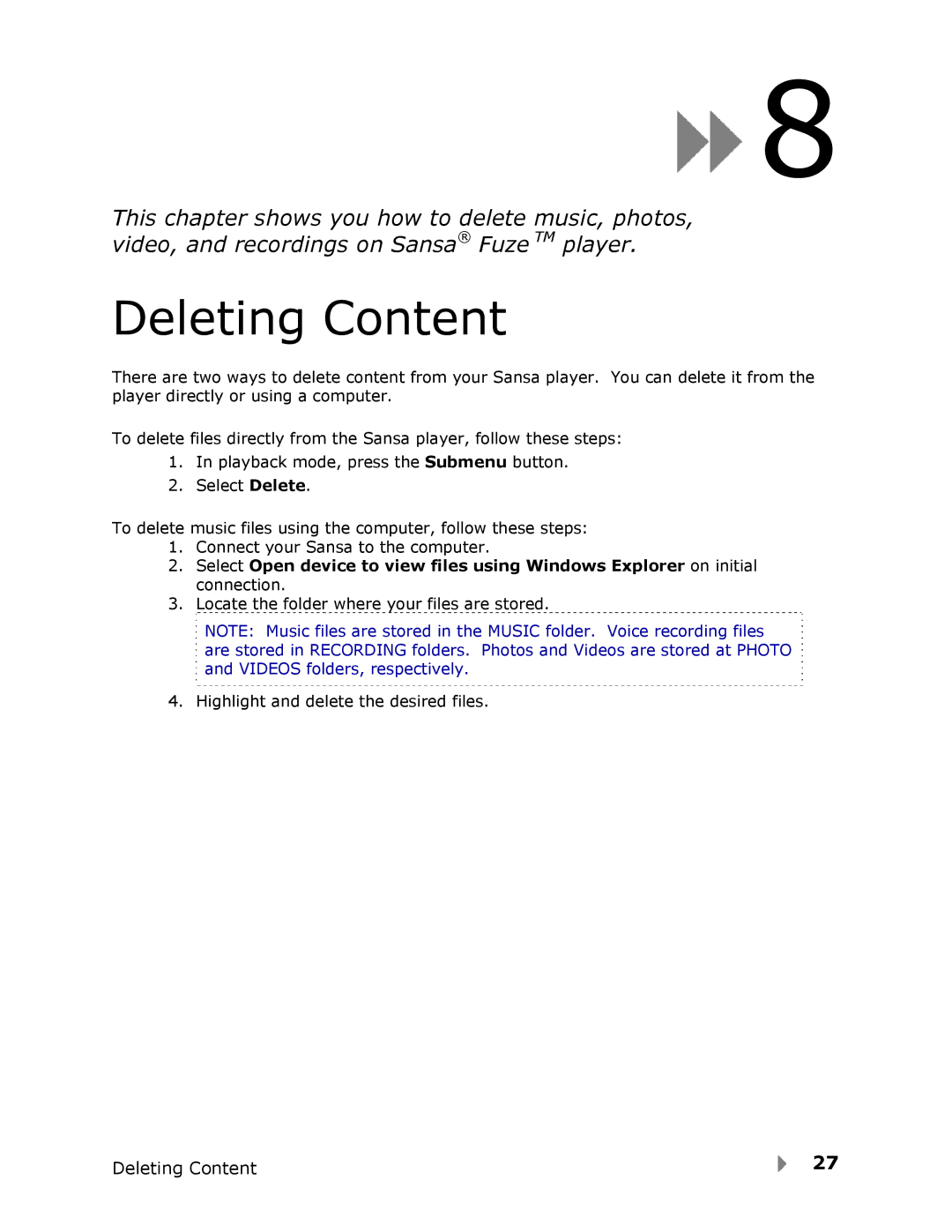 SanDisk Fuze user manual Deleting Content 