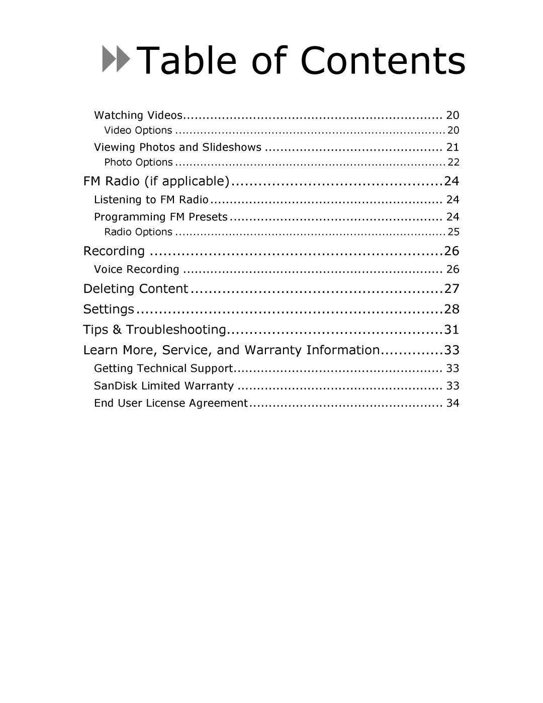 SanDisk Fuze user manual FM Radio if applicable 