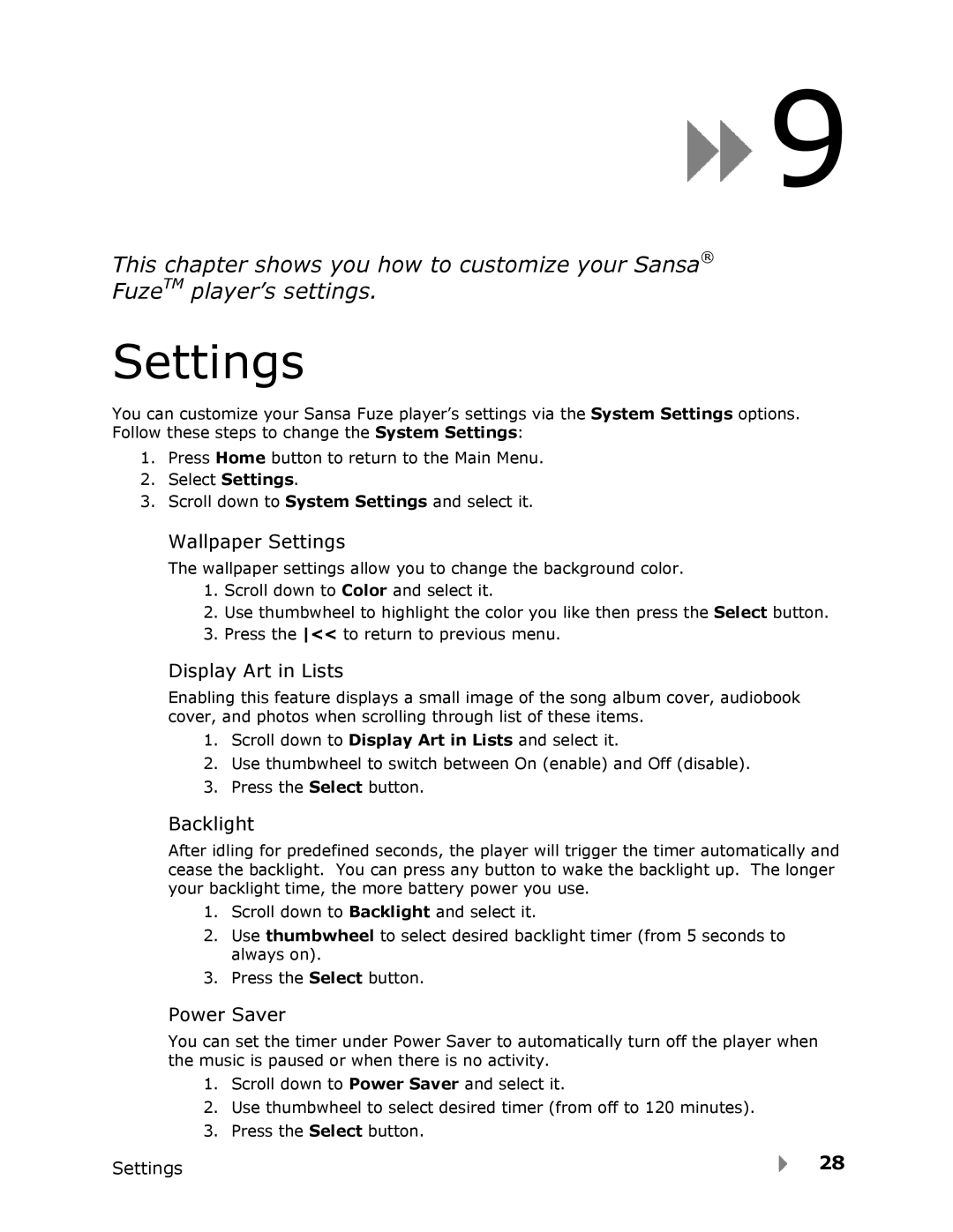 SanDisk Fuze user manual Wallpaper Settings, Display Art in Lists, Backlight, Power Saver 