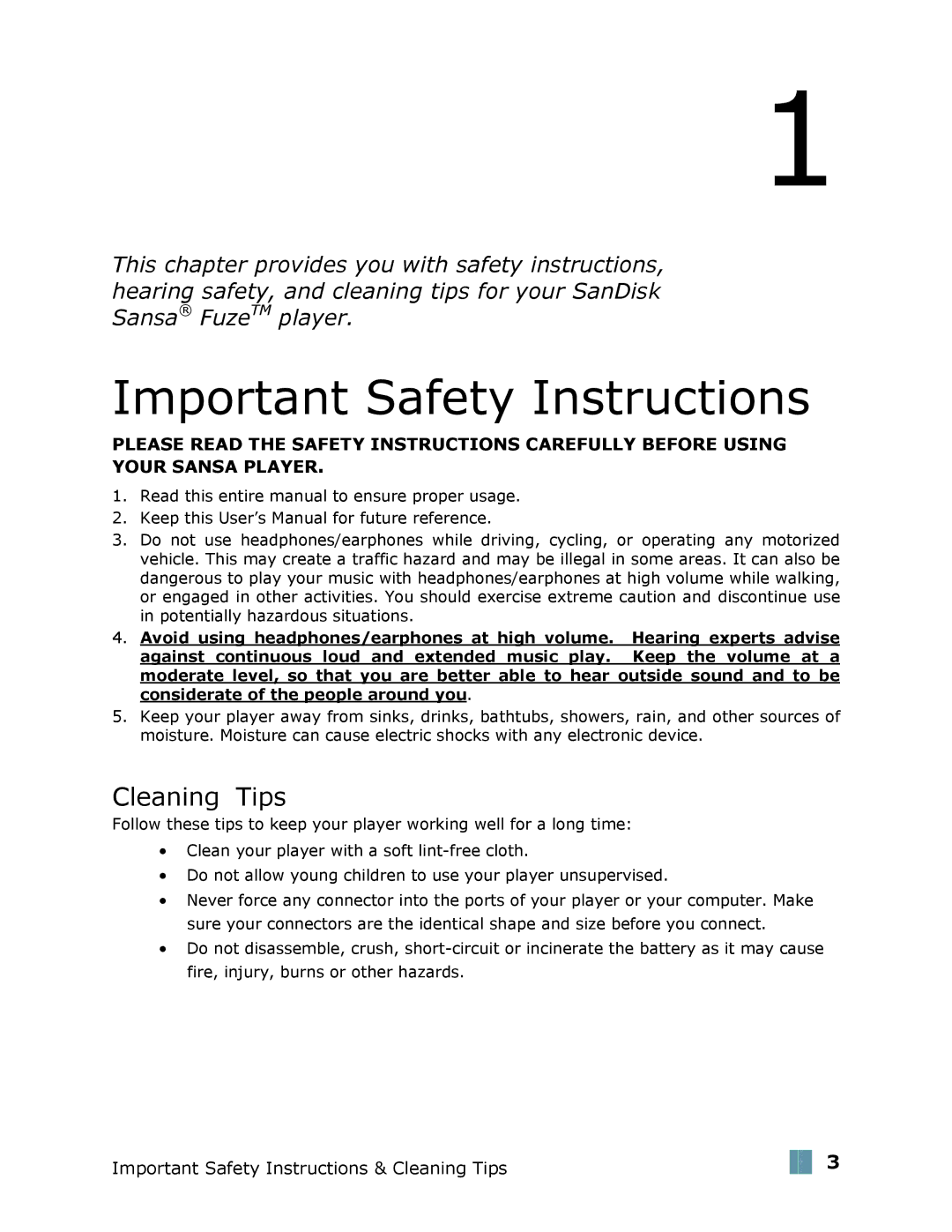 SanDisk Fuze user manual Important Safety Instructions, Cleaning Tips 