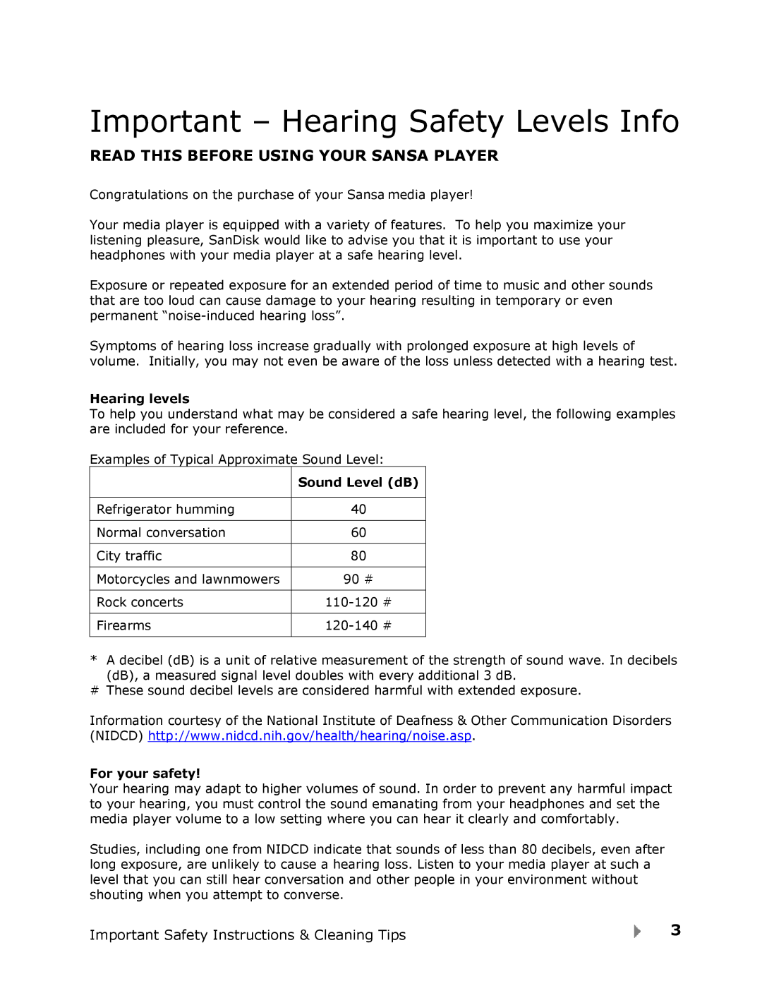 SanDisk Fuze user manual Hearing levels, Sound Level dB, For your safety 