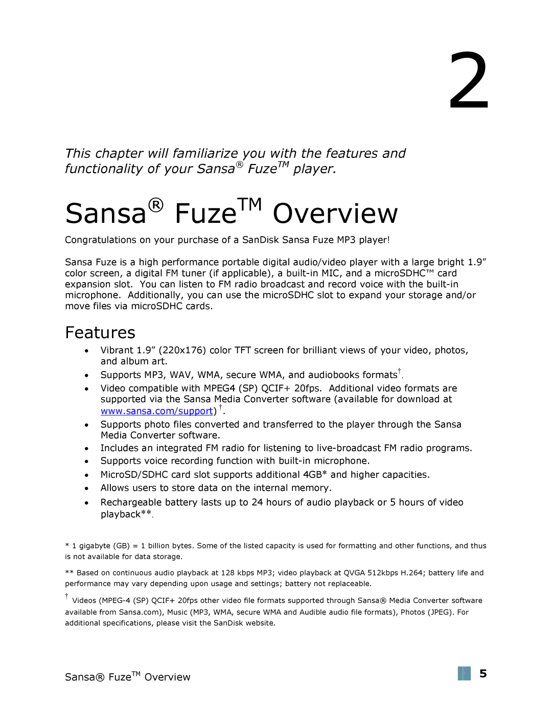 SanDisk user manual Sansa FuzeTM Overview, Features 