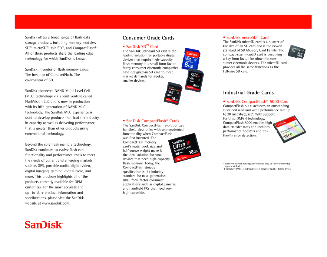 SanDisk miniSD, CompactFlash 5000 manual Consumer Grade Cards, Industrial Grade Cards 