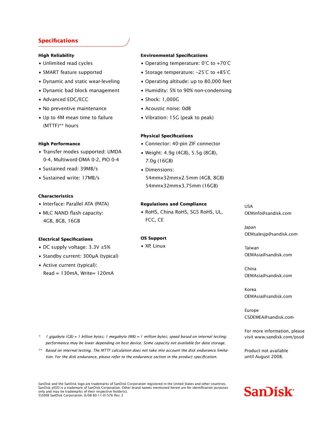 SanDisk MLC NAND manual Specifications, Fcc, Ce 