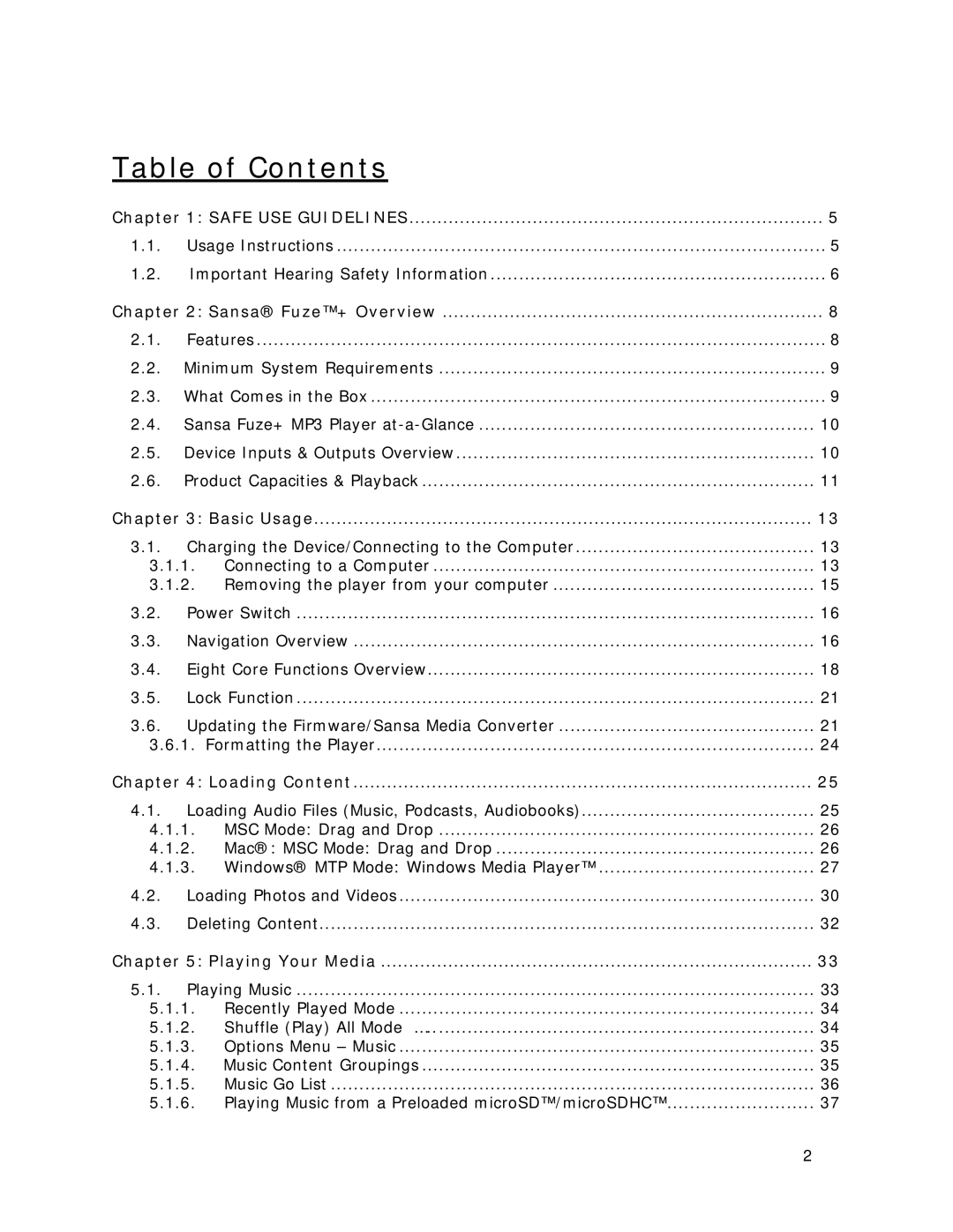 SanDisk MP3 Player manual Table of Contents 