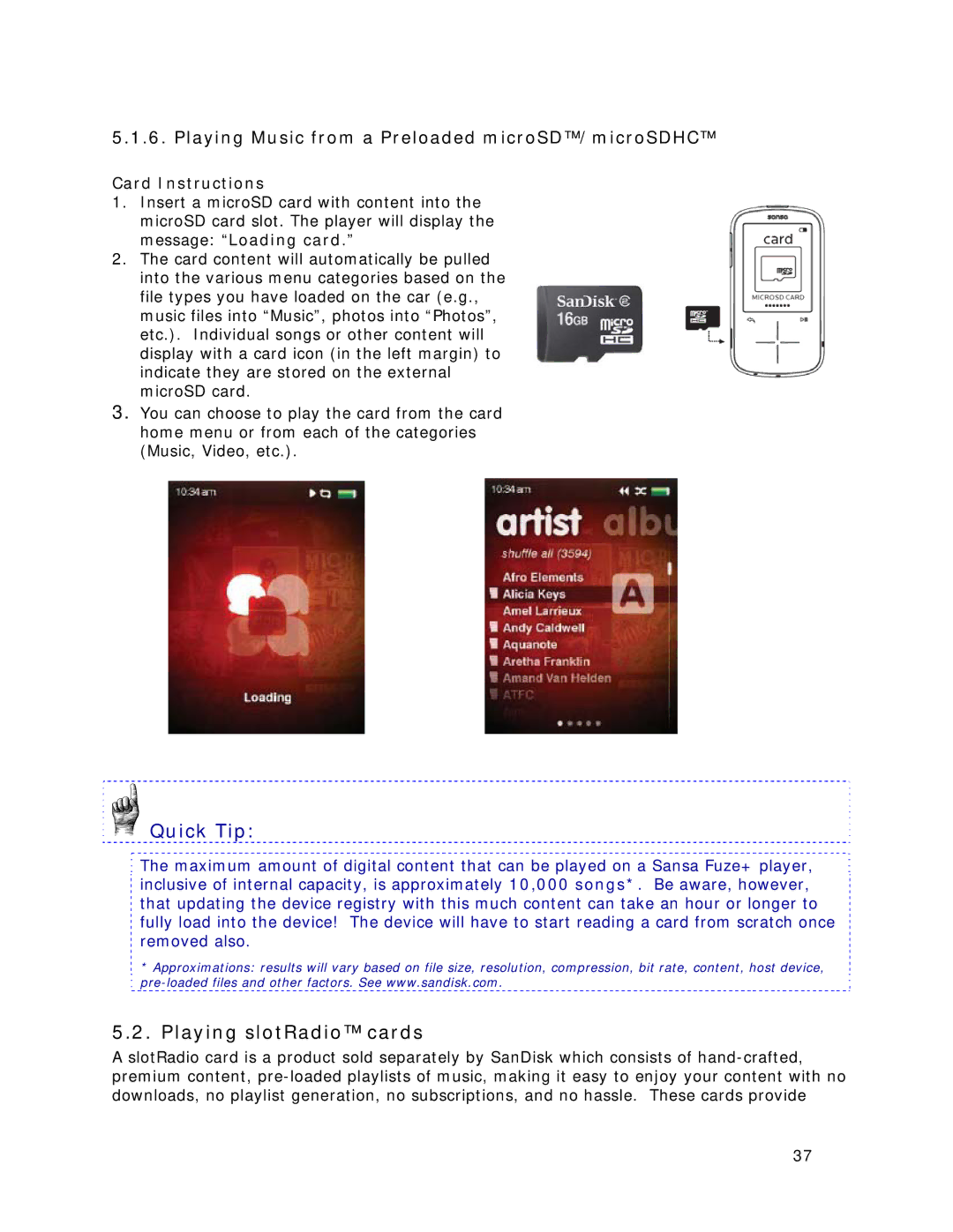 SanDisk MP3 Player manual Playing slotRadio cards, Playing Music from a Preloaded microSD/microSDHC, Card Instructions 