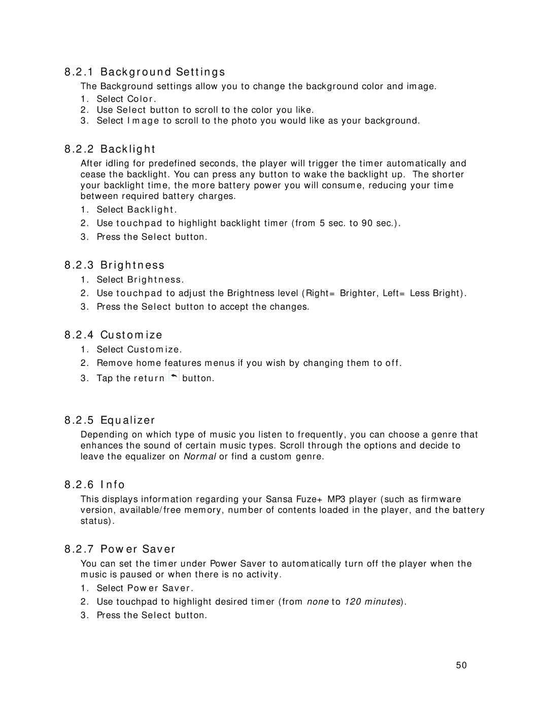 SanDisk MP3 Player manual Background Settings, Backlight, Brightness, Customize, Equalizer, Info, Power Saver 