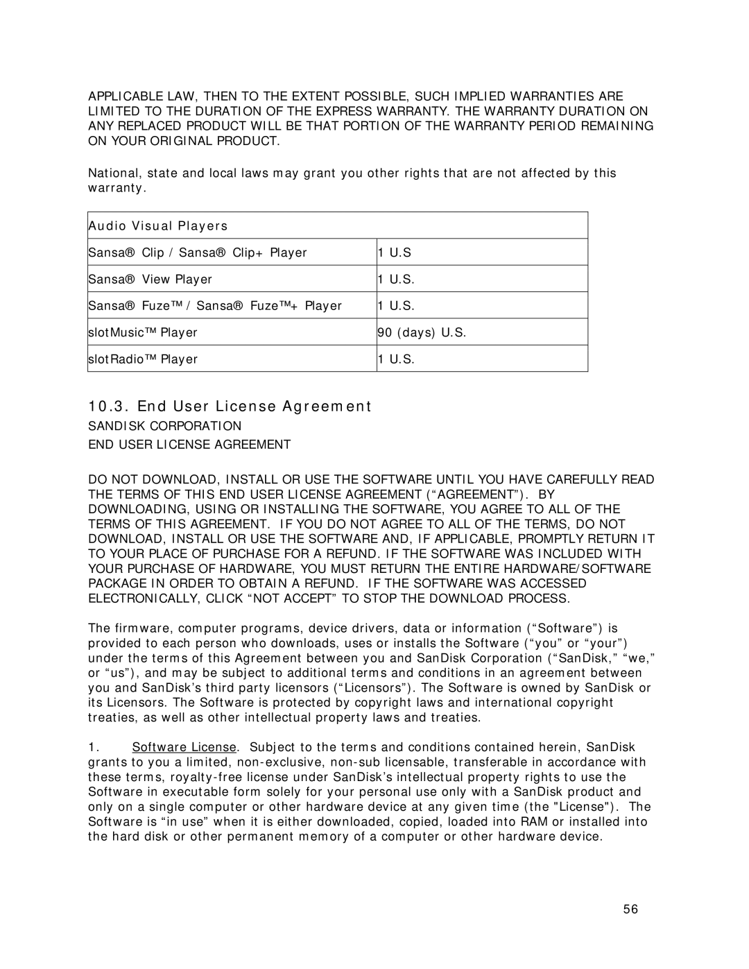 SanDisk MP3 Player manual End User License Agreement, Audio Visual Players 