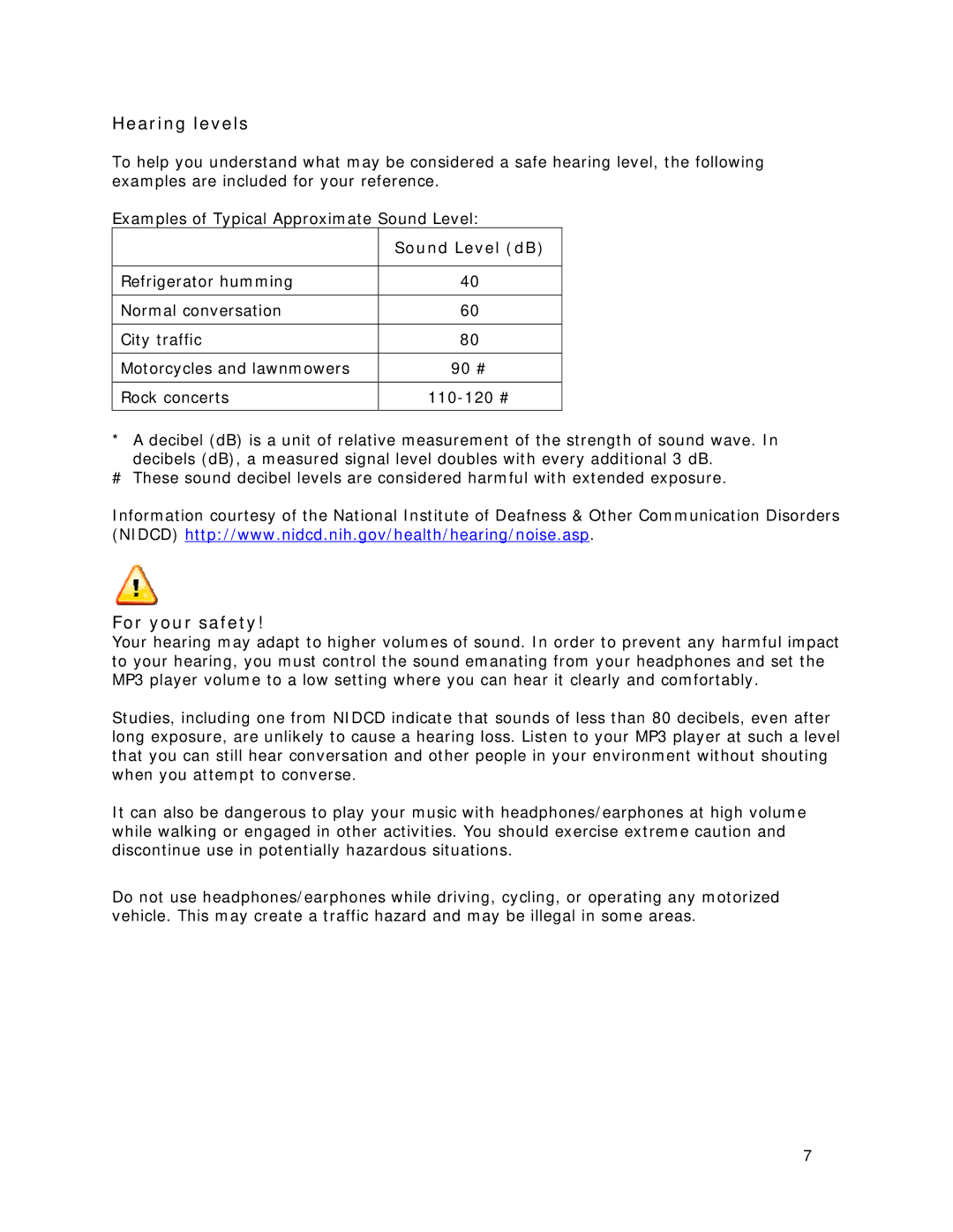 SanDisk MP3 Player manual Hearing levels, For your safety, Sound Level dB 