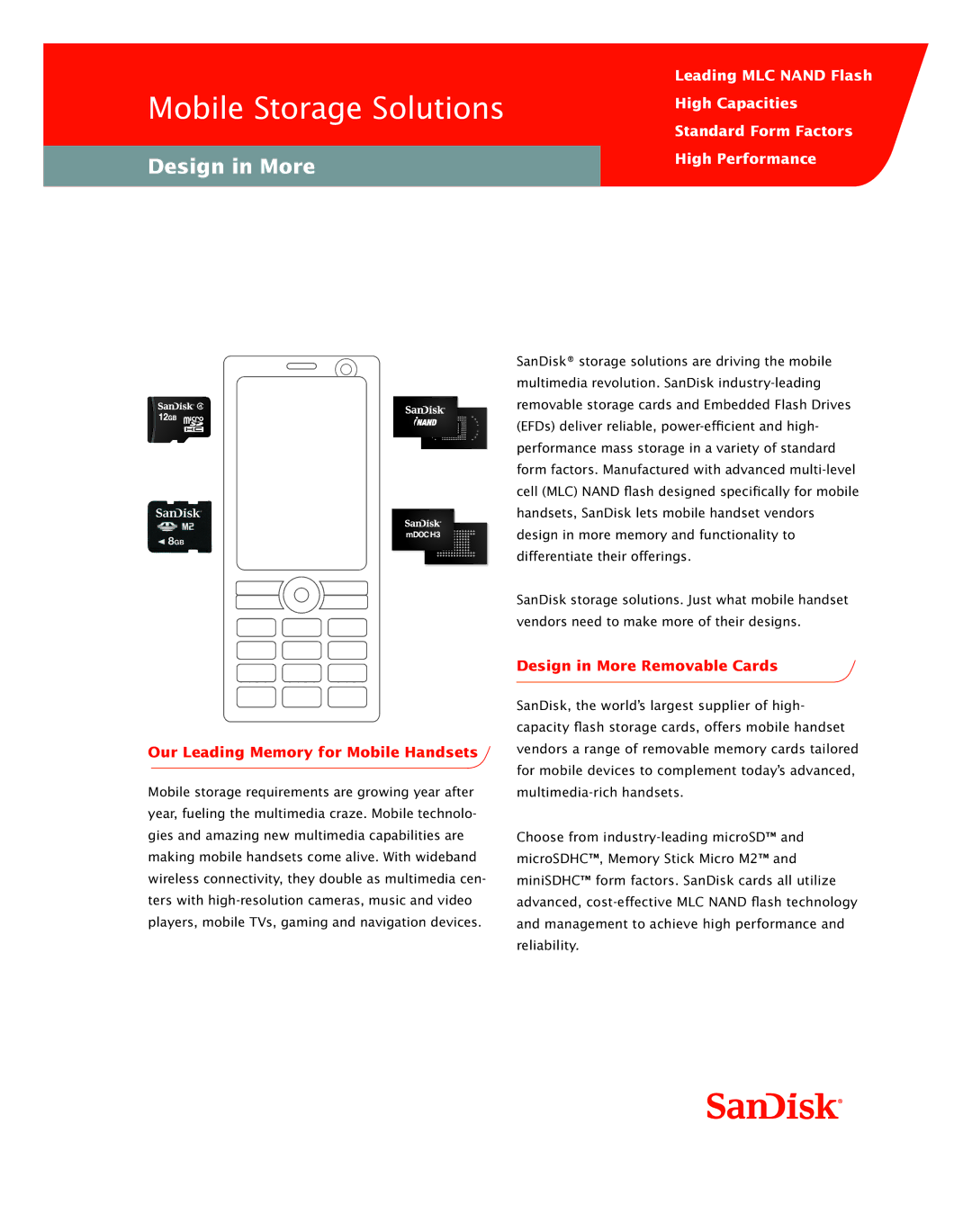 SanDisk NAND manual Mobile Storage Solutions, Design in More, Our Leading Memory for Mobile Handsets 