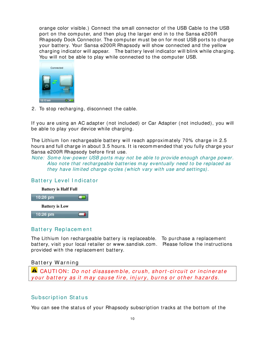SanDisk Rhapsody manual Battery Level Indicator, Battery Replacement, Subscription Status 