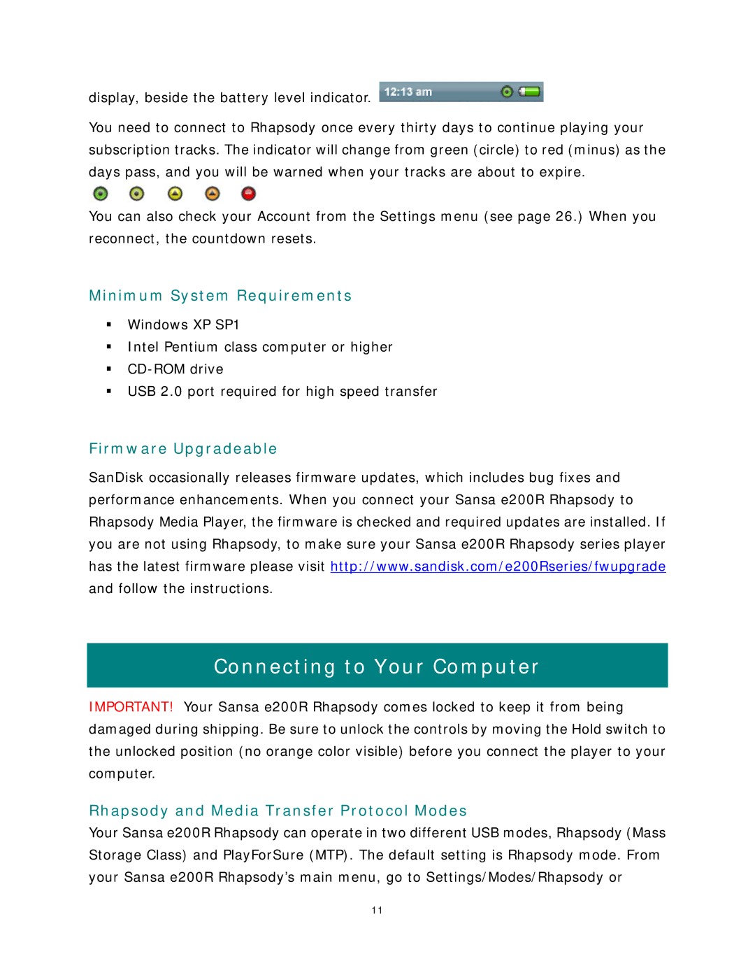 SanDisk Rhapsody manual Connecting to Your Computer, Minimum System Requirements, Firmware Upgradeable 