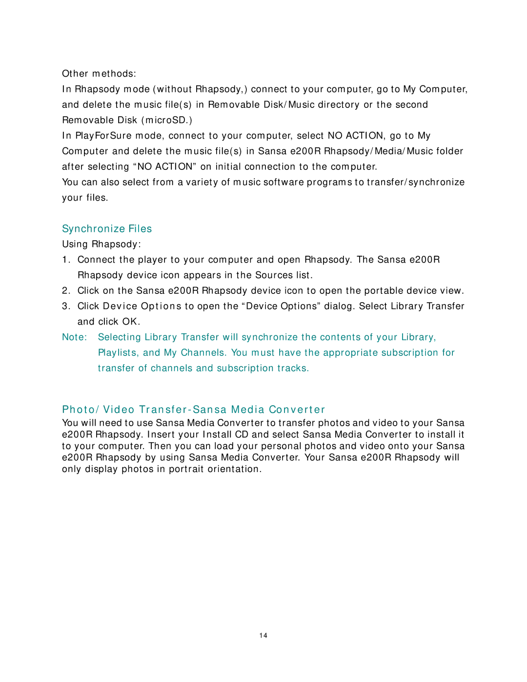 SanDisk Rhapsody manual Synchronize Files, Photo/Video Transfer-Sansa Media Converter 
