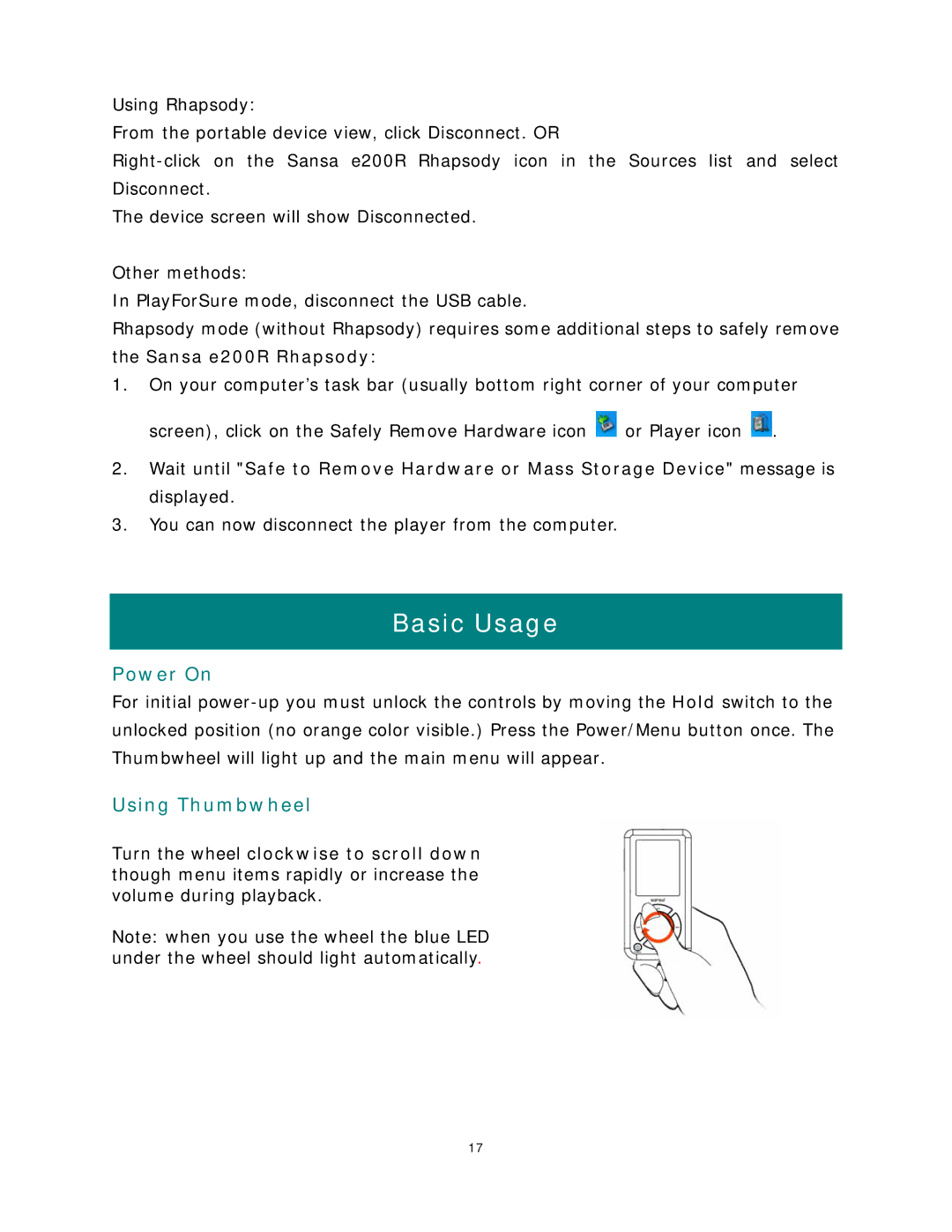 SanDisk Rhapsody manual Basic Usage, Power On, Using Thumbwheel 