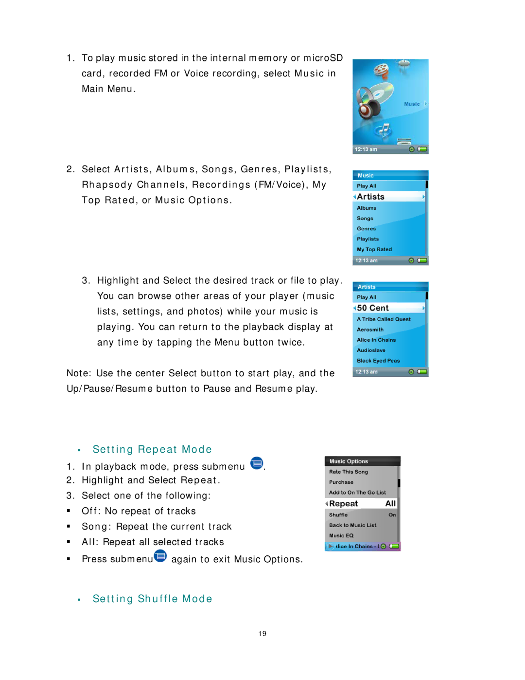 SanDisk Rhapsody manual ƒ Setting Repeat Mode, ƒ Setting Shuffle Mode 