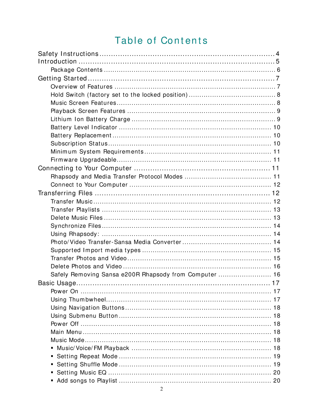 SanDisk Rhapsody manual Table of Contents 