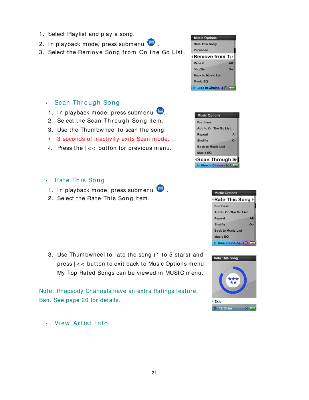 SanDisk Rhapsody manual ƒ Scan Through Song, ƒ Rate This Song, ƒ View Artist Info 