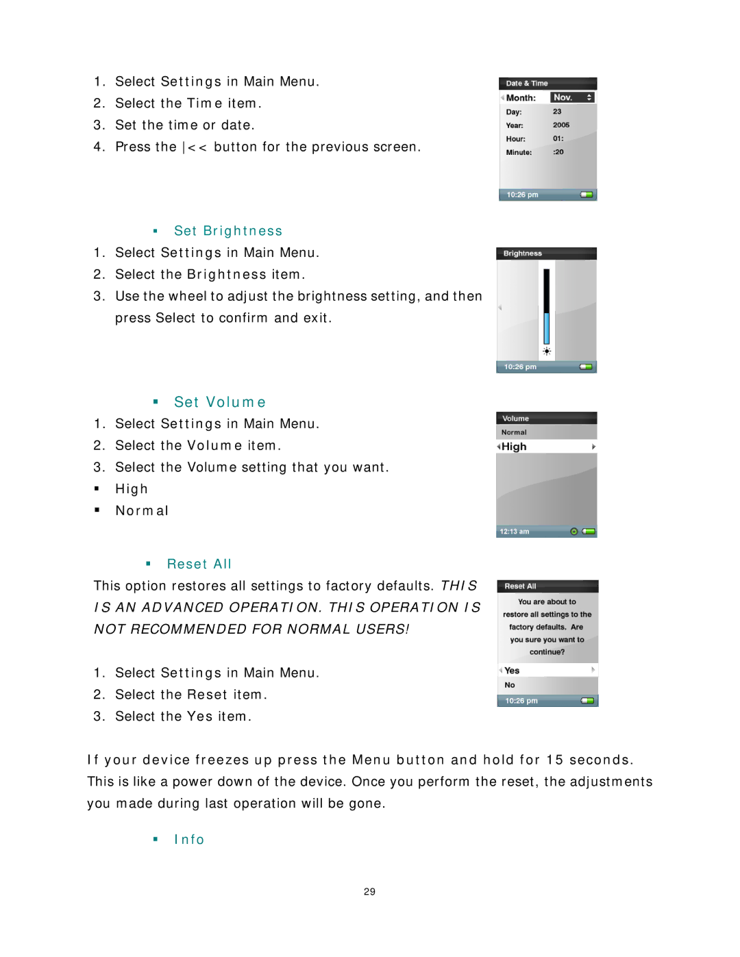 SanDisk Rhapsody manual ƒ Set Volume, ƒ High ƒ Normal 