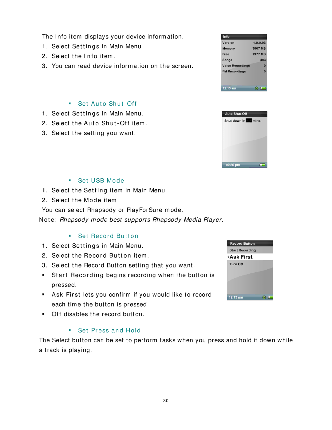 SanDisk Rhapsody manual ƒ Set Auto Shut-Off 