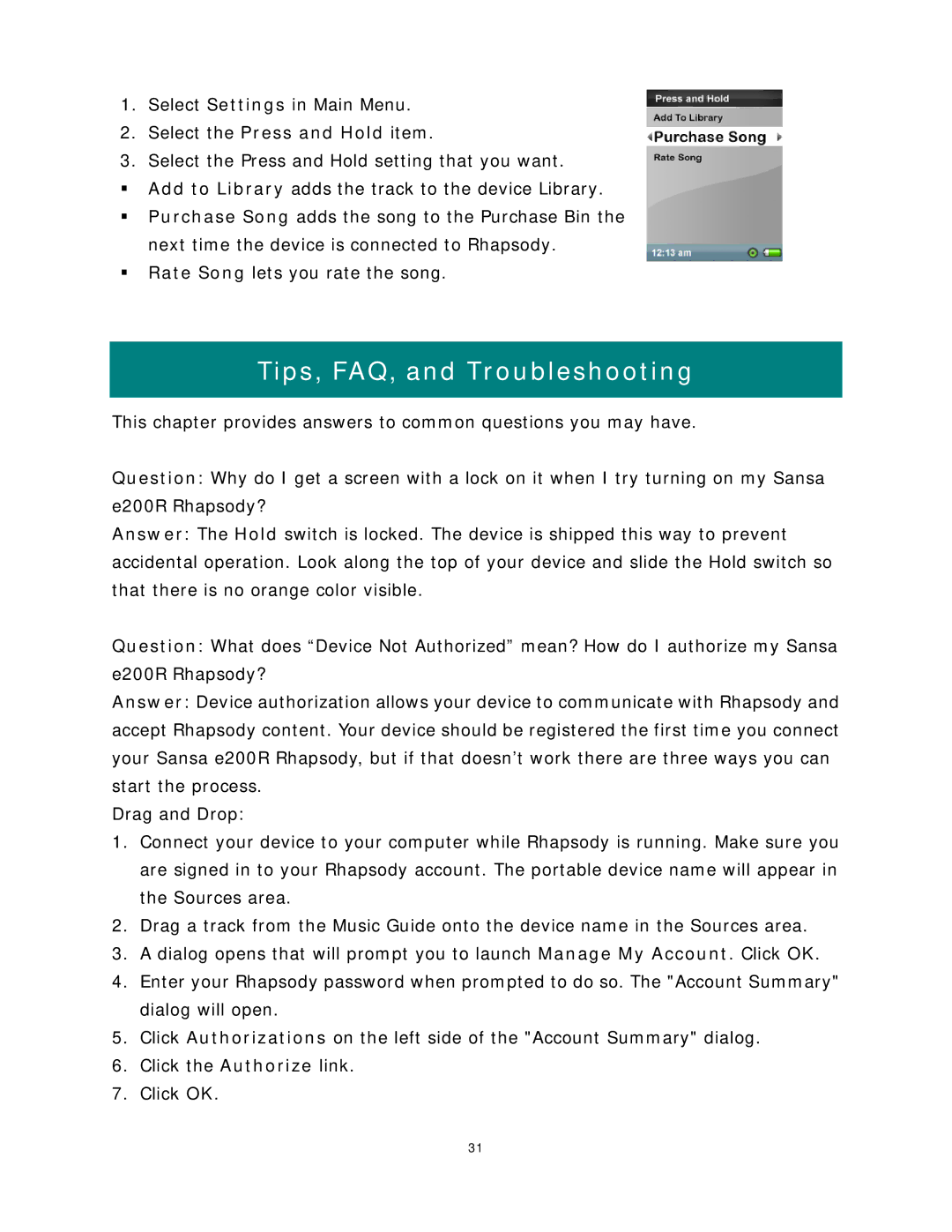 SanDisk Rhapsody manual Tips, FAQ, and Troubleshooting 