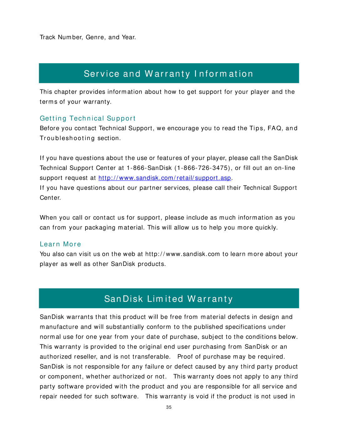 SanDisk Rhapsody manual Service and Warranty Information, SanDisk Limited Warranty, Getting Technical Support, Learn More 