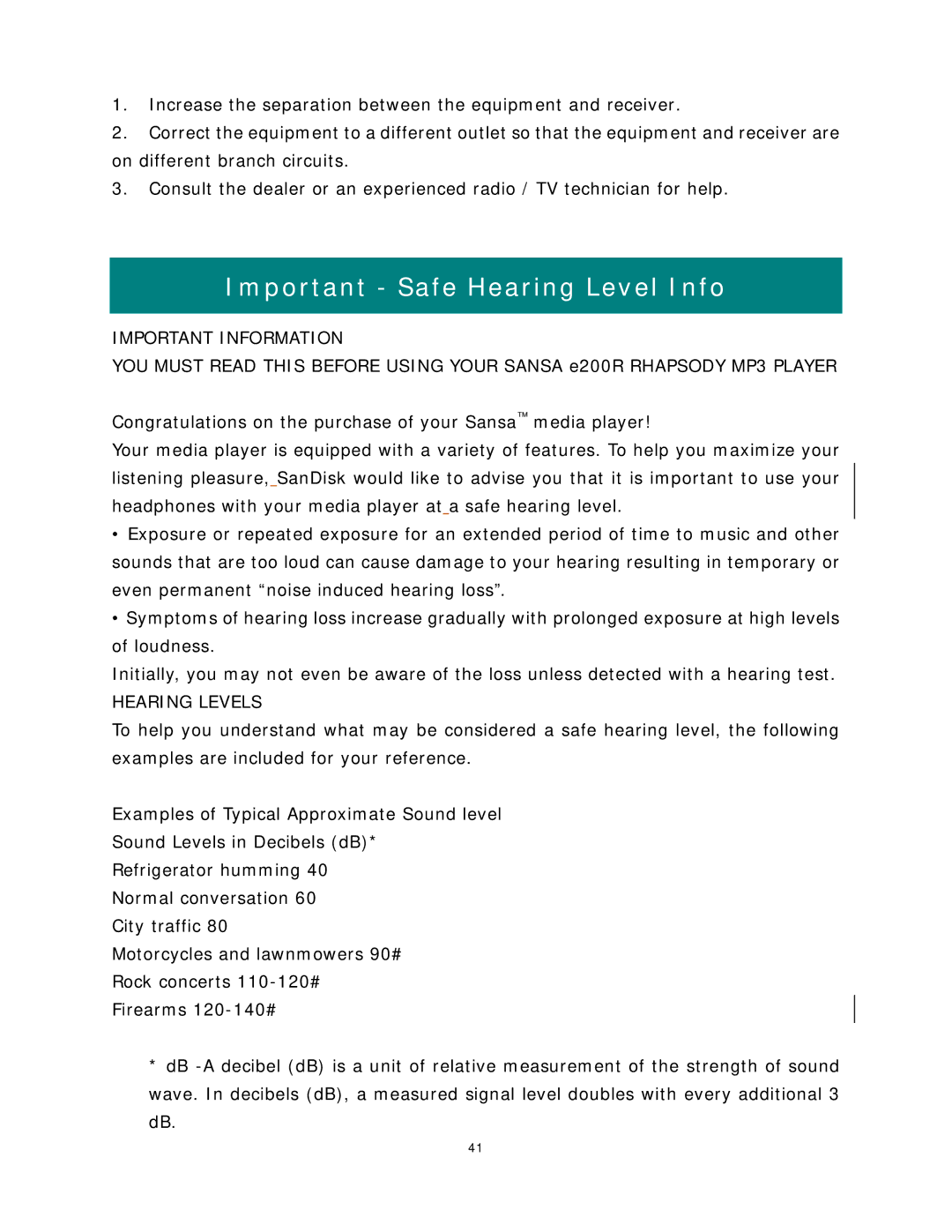 SanDisk Rhapsody manual Important Safe Hearing Level Info, Important Information 