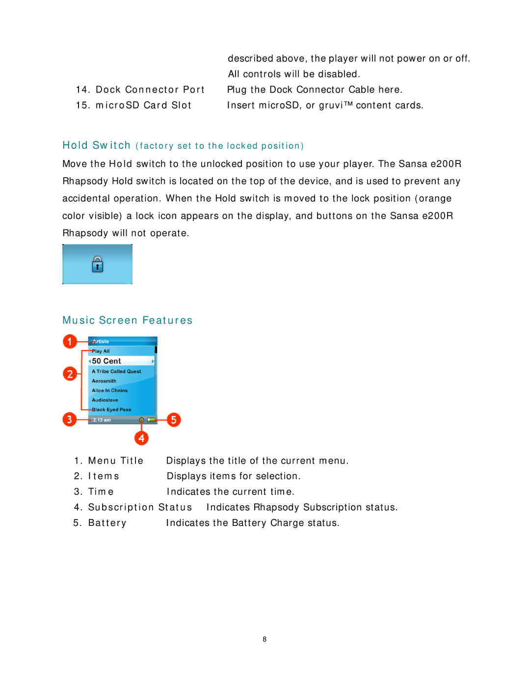 SanDisk Rhapsody manual Music Screen Features, Menu Title, Items, Time 