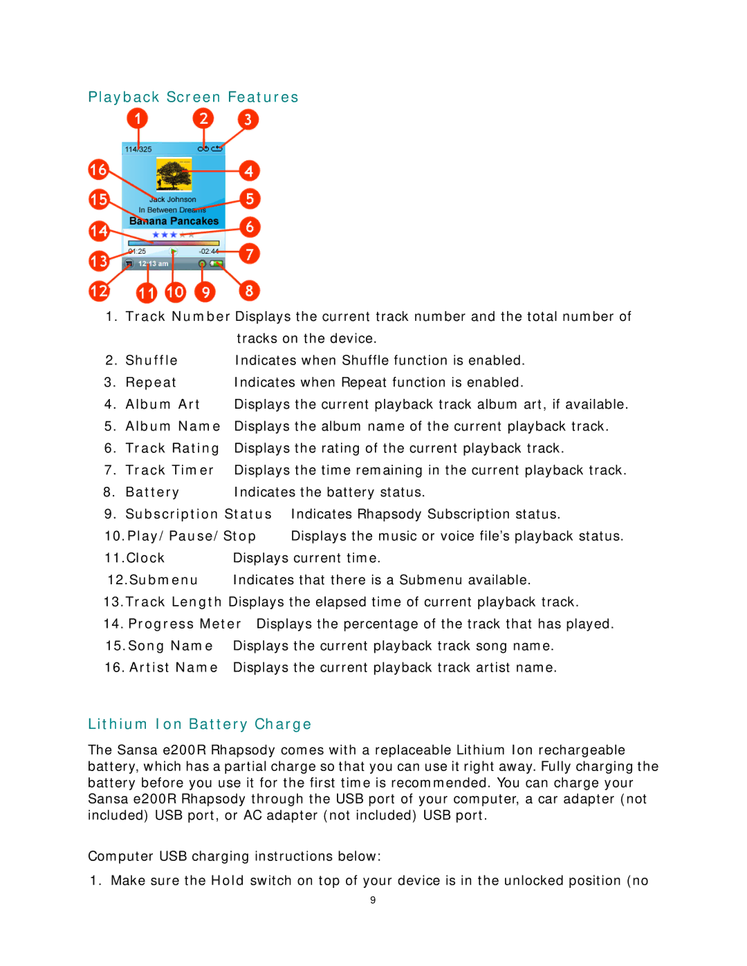 SanDisk Rhapsody manual Playback Screen Features, Lithium Ion Battery Charge, Clock, Submenu 