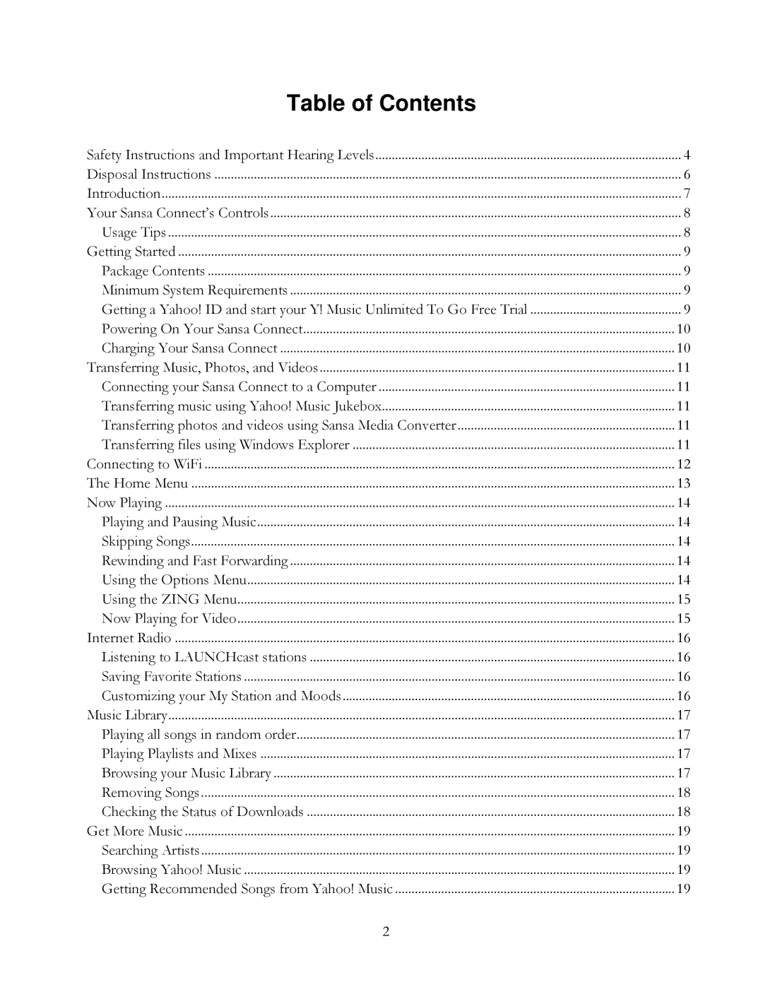 SanDisk Sansa Connect user manual Table of Contents 